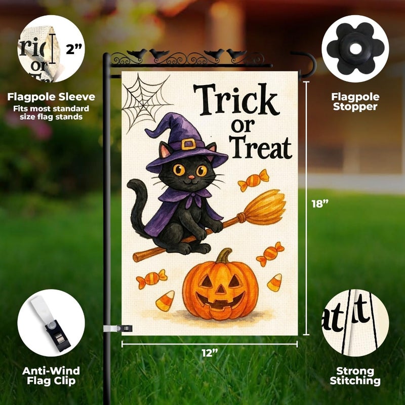 KarvePro Halloween Garden Flag 12x18 – Trick or Treat Black Cat & Pumpkin with Broom Stick & Spiderweb – Double Sided Burlap Halloween Flags for Outside, Fits Garden Flag Poles - Image 3
